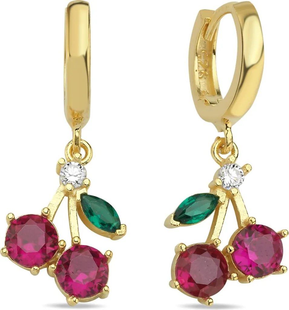 Boucles d'oreilles cerises argent 925 et émail brillant finition or