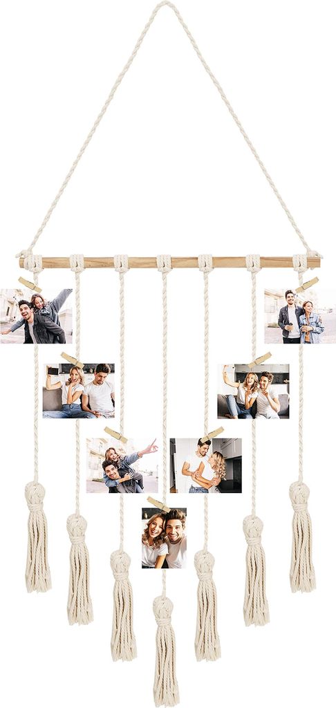 Belle Vous Makramee Organizer Foto Collage Wand mit 25 Holzklammern - 40 x 92 cm - Hält 25 Bilder - Für Bilder Collagen, Dekorationen, Drucke,