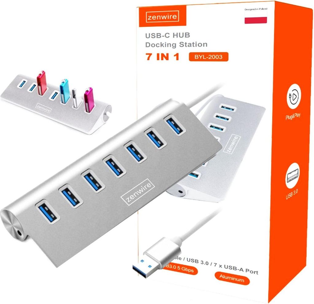 7-in-1-Hub - 7x USB 3.0 - 5 GB/s - Aluminiumgehäuse - Rutschfeste Unterlegscheiben