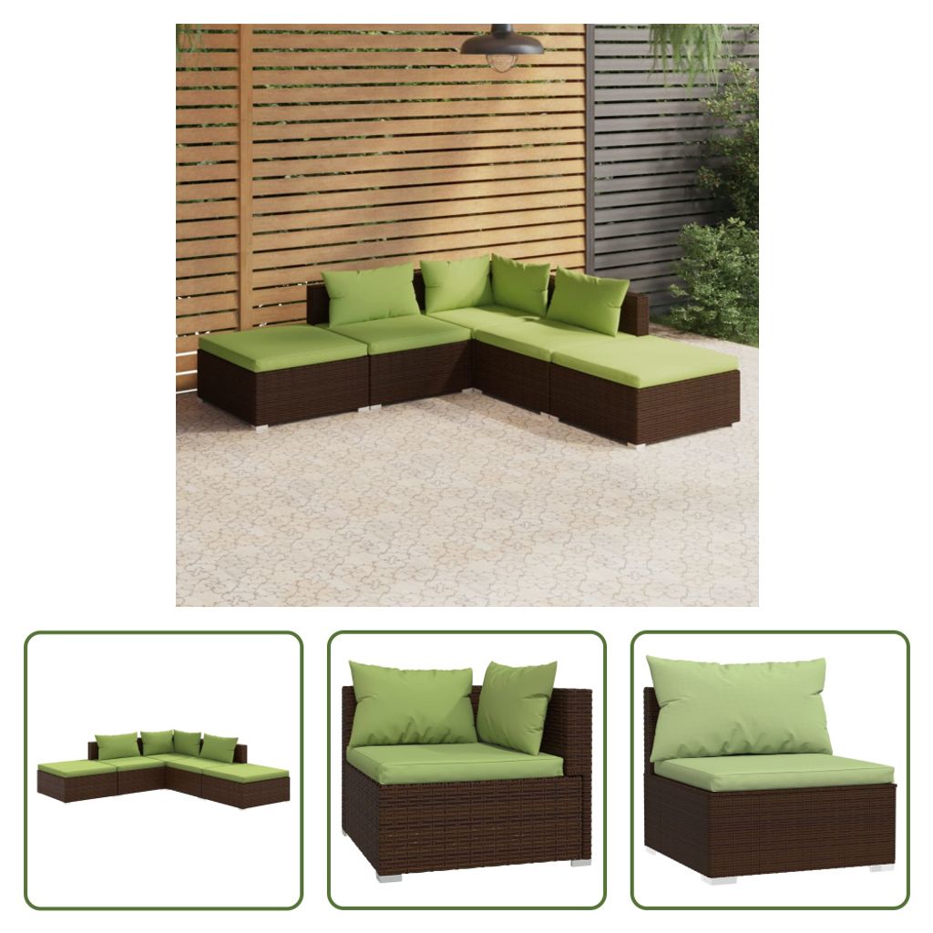 The Living Store 5-tlg. Garten-Lounge-Set mit Kissen Poly Rattan Braun