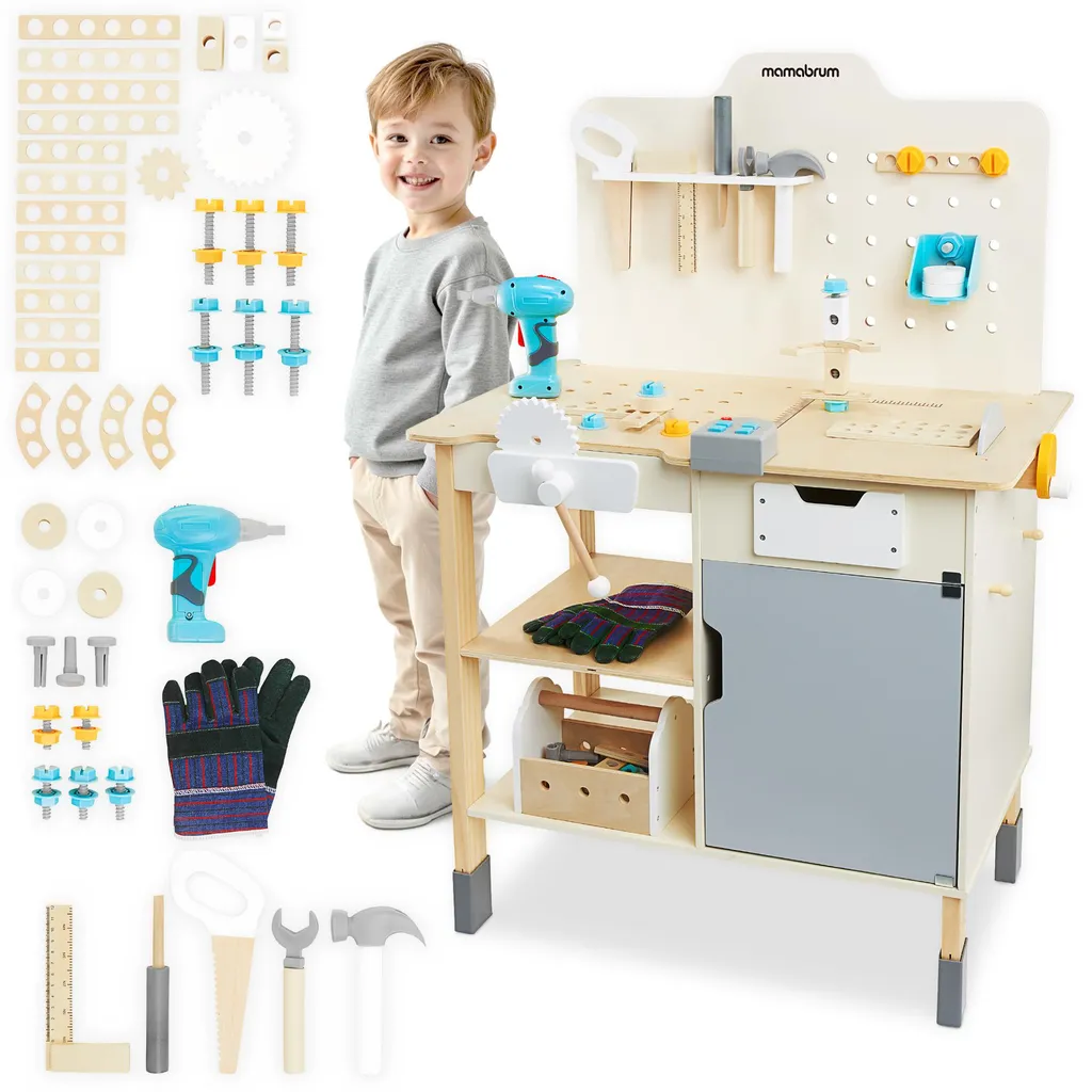 Établi de bricolage pour enfant en bois naturel et ses 74 accessoires