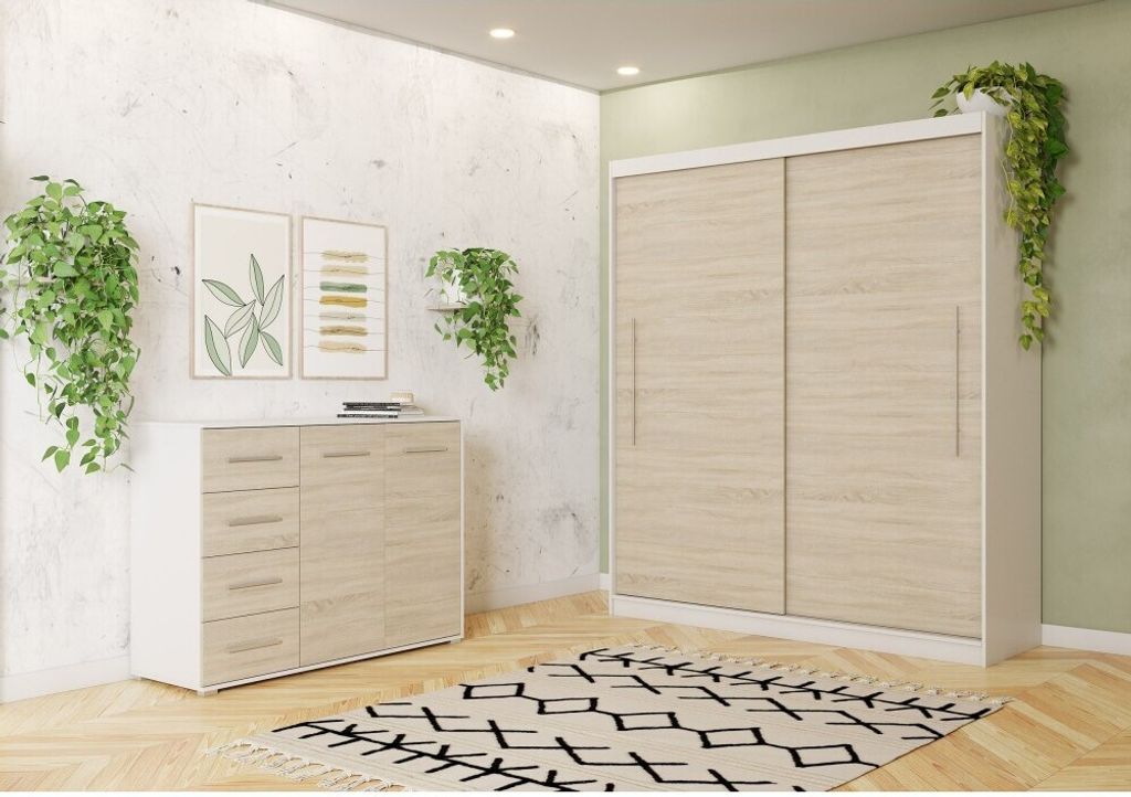 2er-Set Schwebetürenschrank Kleiderschrank Schrank zweitürig 204 cm Kommode 135 cm WEISS/SONOMA mit LED Beleuchtung Torino II Frida 01