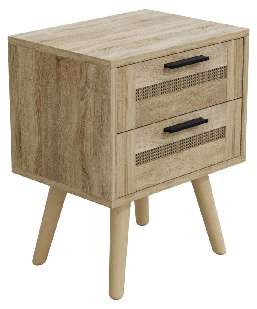 HAGO24 Nachttisch Beistelltisch Nachtkommode Rattan Eiche Sonoma 40x30x50 cm 2 Schubladen Massivholzfüße Aluminiumgriff Schlafzimmer Möbel