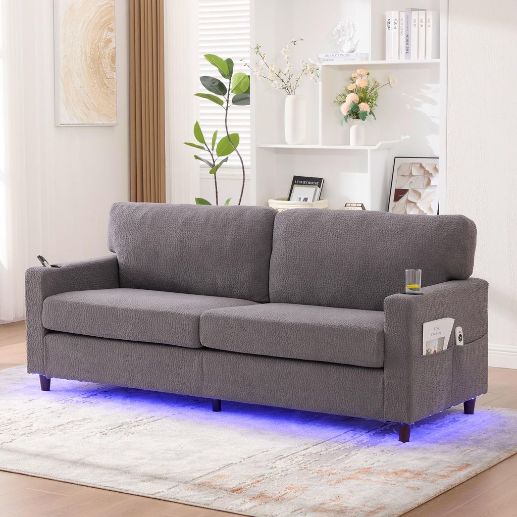 Moderner 2-Personen Chenille-Sofa mit USB-C, LED-Ambiente, Getränkehaltern und Seitentaschen. Holz/Metall-Rahmen mit Komfortschaum. Ideal für Woh...