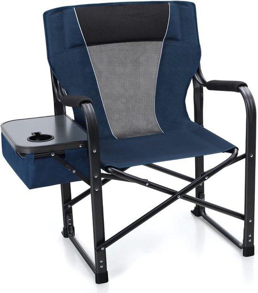 Robuuste draagbare campingstoel met bijzettafel, marineblauw, 350 lbs draagvermogen