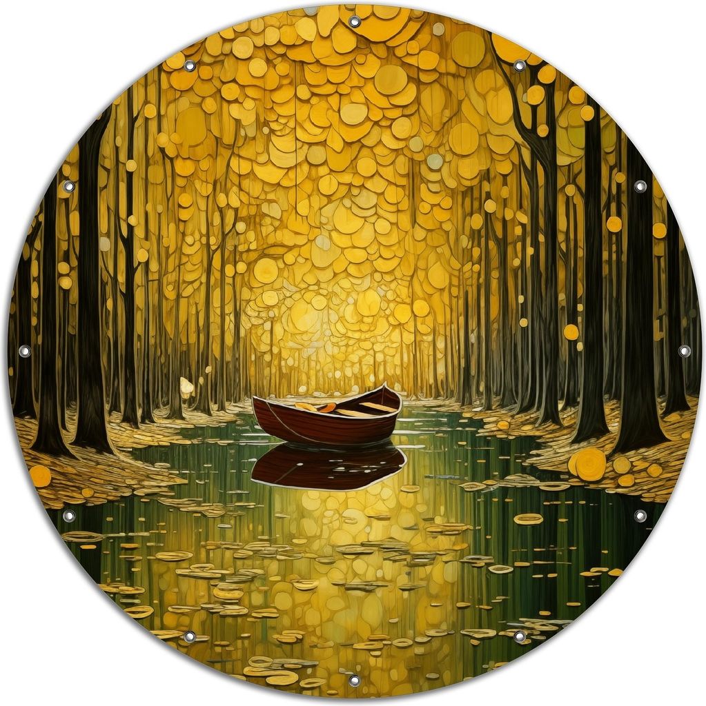 Wallario rundes Outdoor-Poster für Garten oder Balkon, Motiv Boot im goldenen Licht, 120 cm Durchmesser
