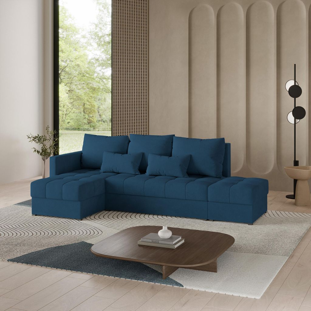 Masseno Ecksofa LUMARI L-S mit Schlaffunktion L-Form, Sofa mit Bettkasten, Wohnzimmersofa, Couch, Soffa, Bettsofa, Couchgarnitur- Blau, KRONOS 09