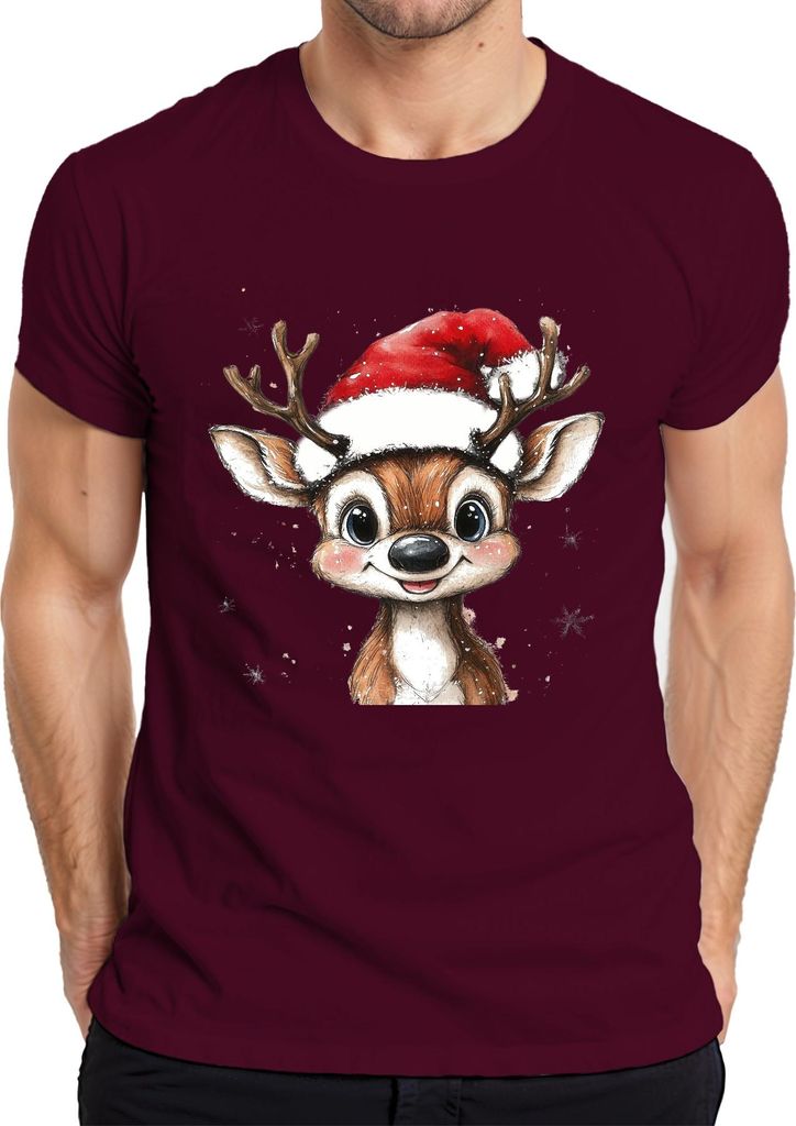 Weihnachtsrentier Niedlich Santa Hut Schneeflocken Aquarell süß Herren T-Shirt, Burgundy, 3XL