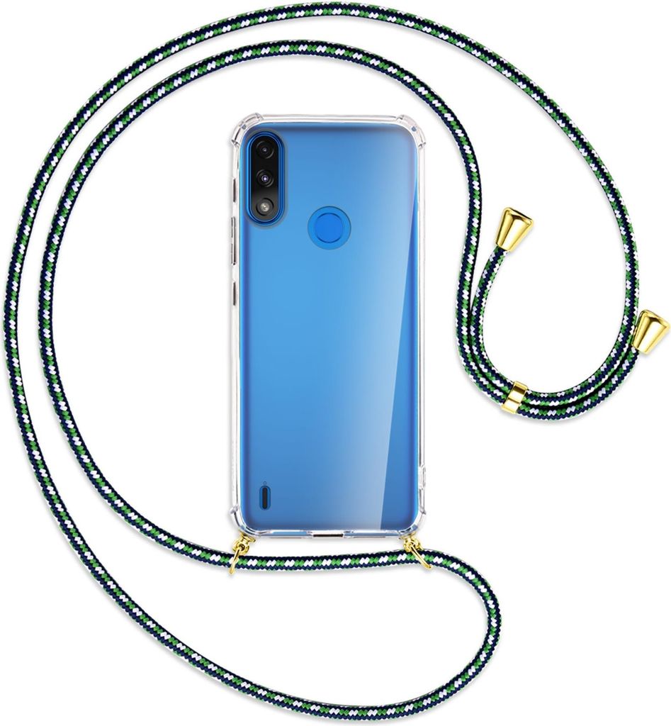Handykette Backcover-Schutzhülle mit Band (Metall goldfarben) für Motorola Moto E7 Power, E7i Power - grün/blau/weiß