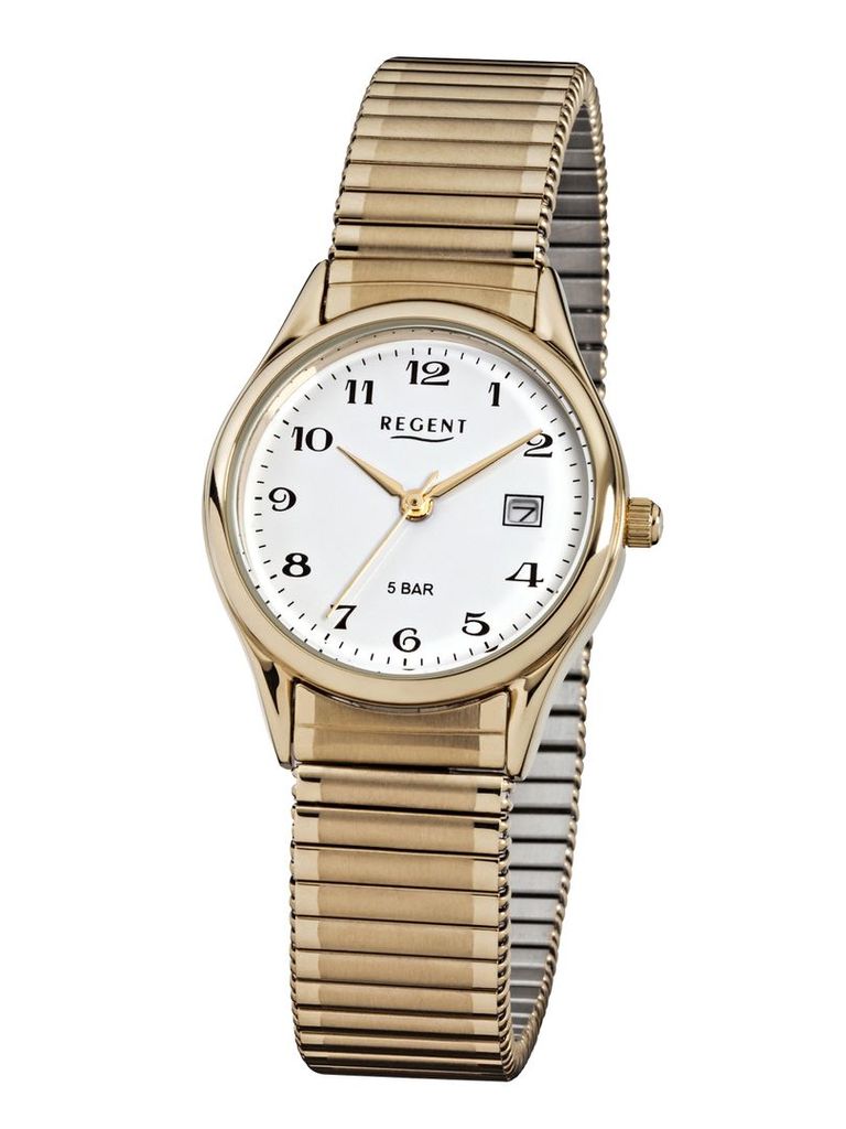 REGENT F-894 Damenuhr Gold Edelstahl 29 mm Zugband Datum 5 BAR