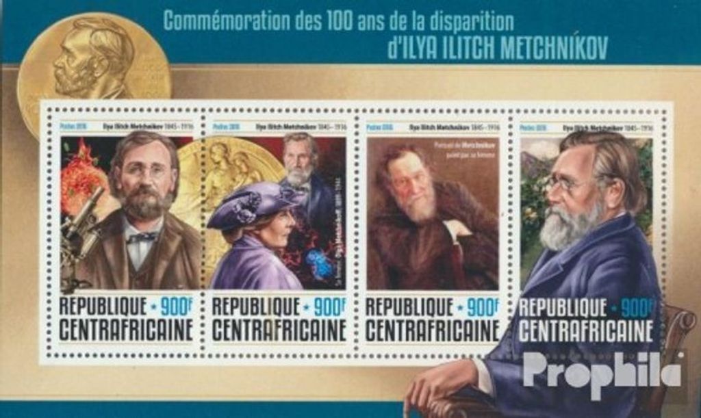 Briefmarken Zentralafrikanische Republik 2016 Mi 6395-6398 Kleinbogen (kompl. Ausgabe) postfrisch Ilja Ilitsch Metschnikow