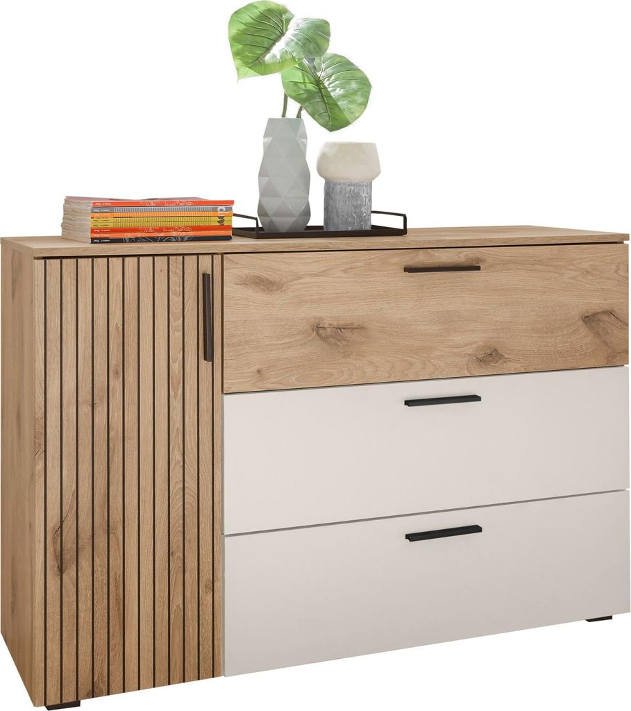 Sideboard >Daria< 1 Tür, 3 Schübe, Viking Oak Nachbildung hell / Weiß - 125x82,6x40cm (BxHxT)