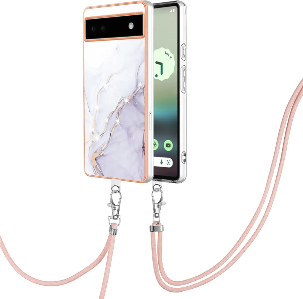 Custodia con cinturino per Google Pixel 6A, paraurti in TPU morbido, custodia protettiva, con cinturino regolabile Bianco