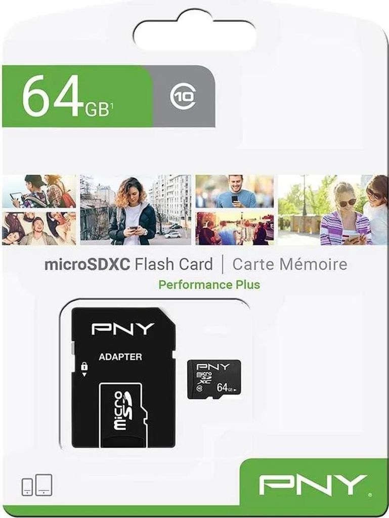 The image shows the retail packaging of a PNY 64GB microSDXC flash card, including the card and an adapter.