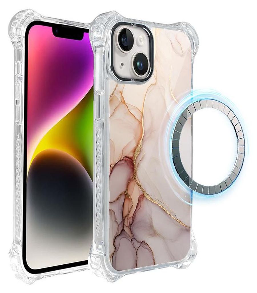 Schutzhülle für das iPhone 14 Plus, MagSafe-kompatibel, verstärkte Ecken, transparente Seiten, rosa Marmor