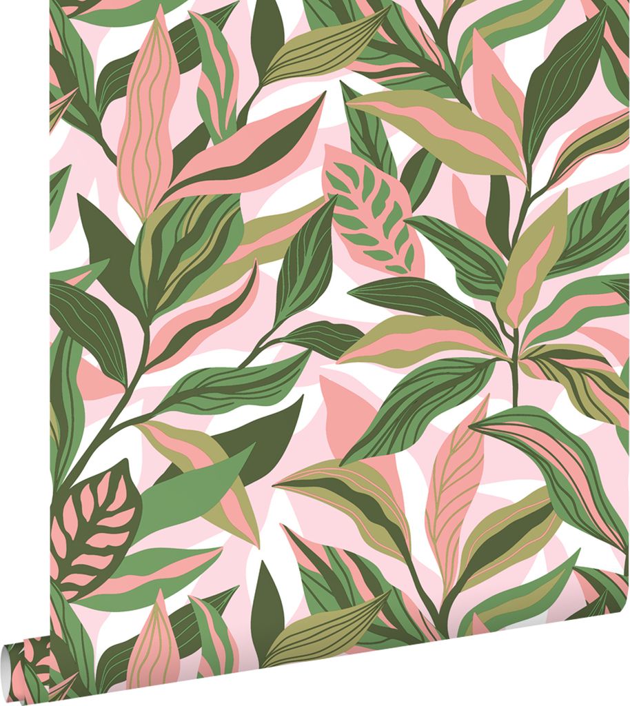 ESTAhome Tapete tropische Blätter Grün und Rosa 50 x 900 cm