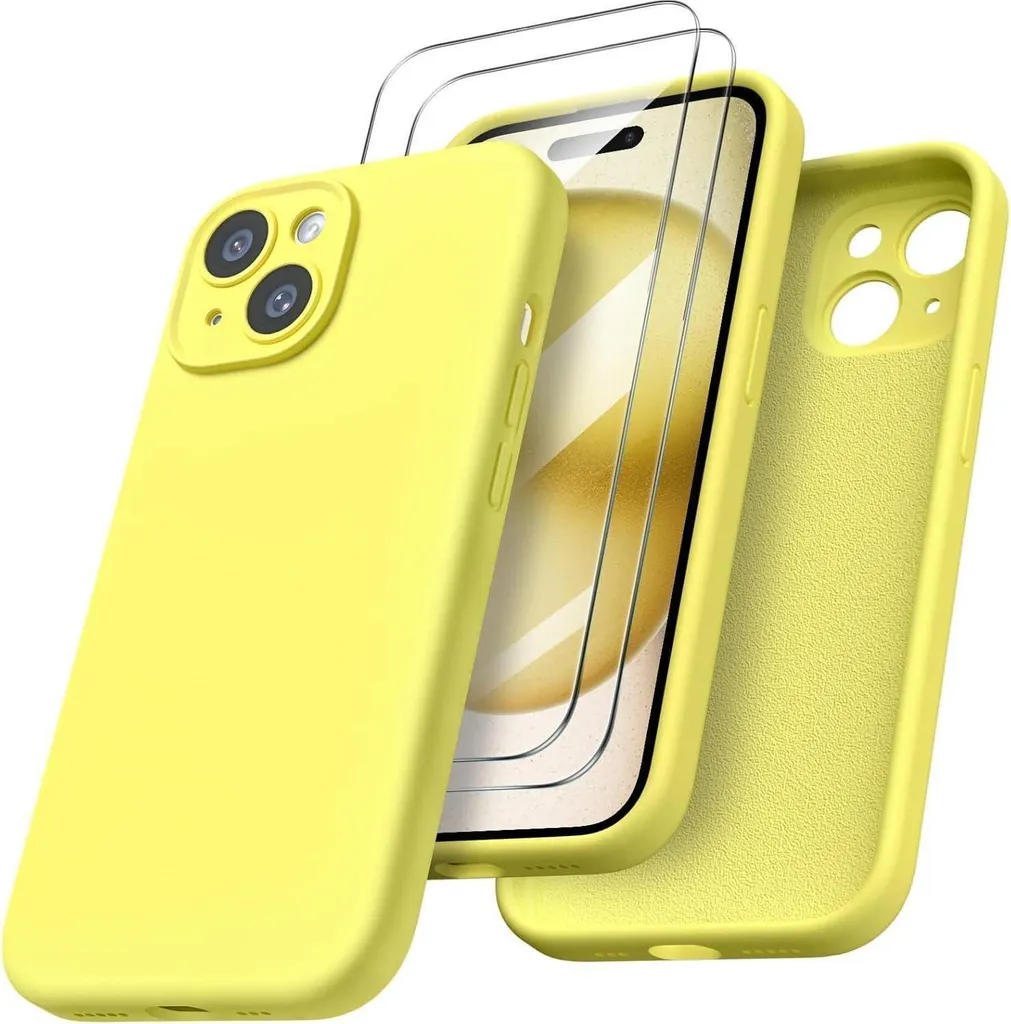 Custodia ORNARTO per iPhone 15 con protezione della fotocamera e 2 pellicole protettive - Giallo limone