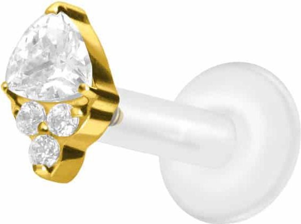 Ohrpiercing, Nasenpiercing PTFE Labret mit Innengewinde + Titan-Aufsatz EINGEFASSTE KRISTALLE Gold Stablänge: 6mm | Stabstärke: 1,6mm
