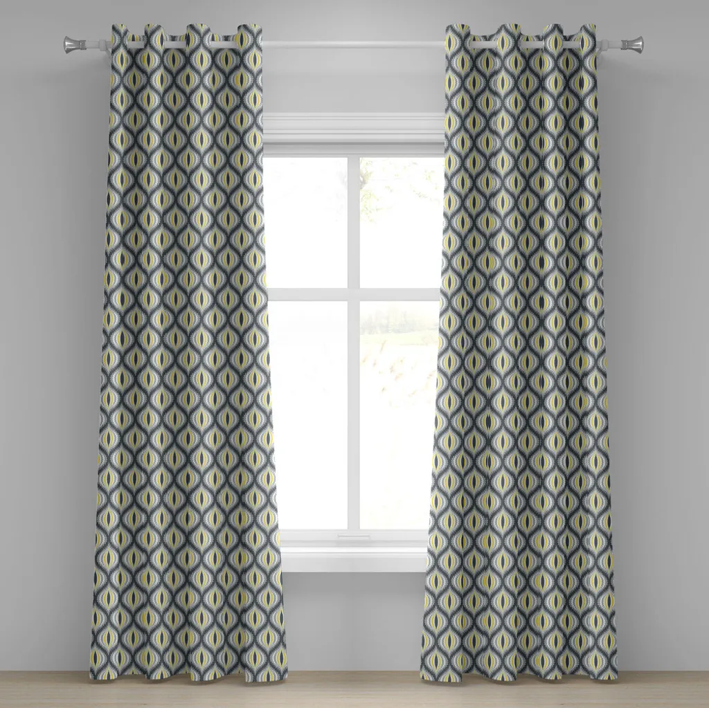 Rideau à œillets Ikat ABAKUHAUS Motif Ogee Jaune Gris 280 x 245 cm
