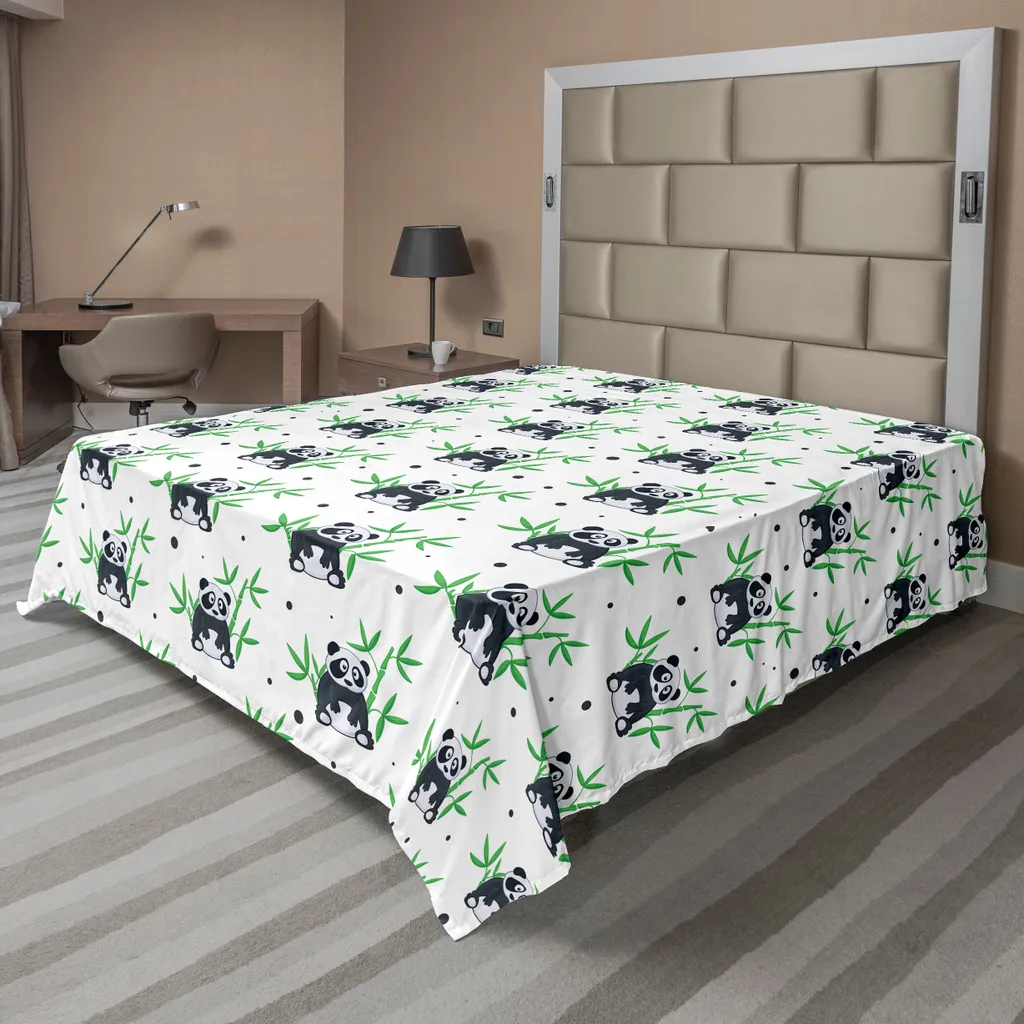 ABAKUHAUS Lenzuolo asiatico, adorabile disegno di panda con motivo bambù, animali dello zoo, divertimento infantile, natura, lenzuolo morbido e confortevole per un letto decorativo, 1 pezzo, 275 cm x 260 cm, verde, nero, bianco