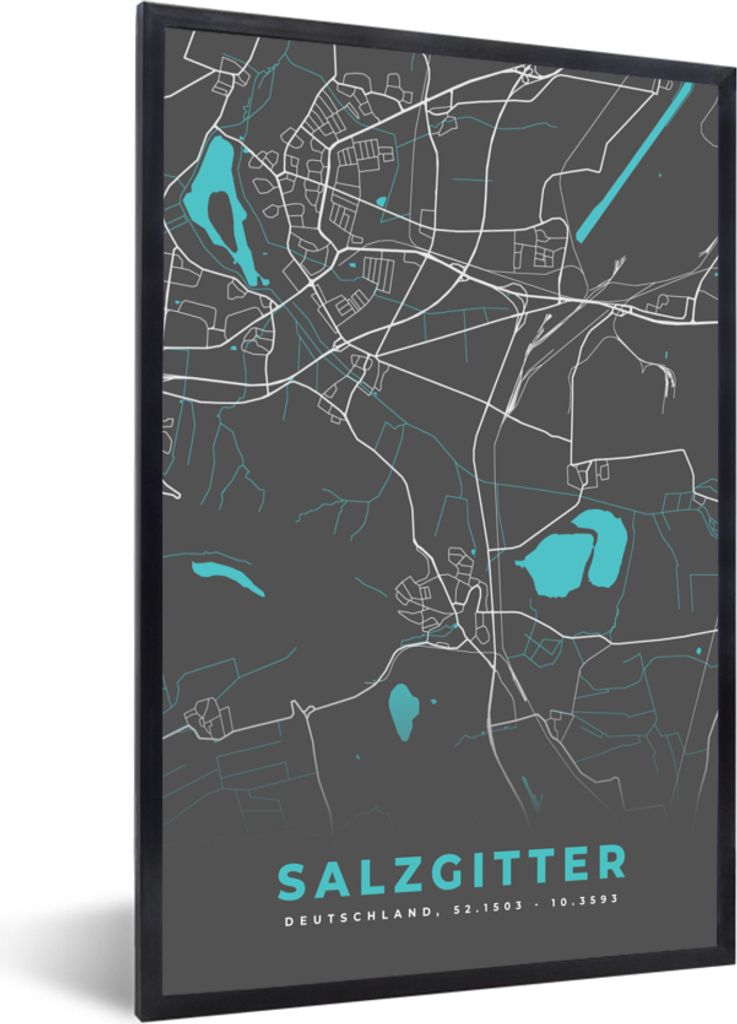 MuchoWow Gerahmtes Poster Stadtplan - Karte - Salzgitter - Blau - Deutschland - Karte 40x60 cm - Poster mit Schwarzem Bilderrahmen Wandposter Rah...
