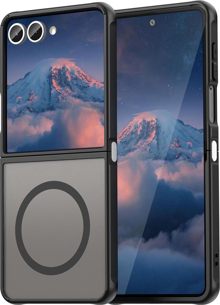 A black protective case for a foldable smartphone, shown open with a mountain landscape displayed on both screens.