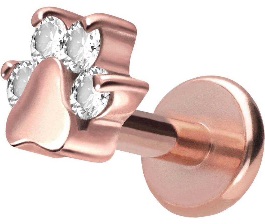Ohrpiercing, Nasenpiercing Titan Labret mit Push Fit KRISTALLPFOTE RoséGold Stablänge: 6mm | Stabstärke: 1,2mm