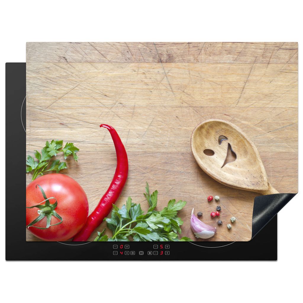 KitchenYeah Herdabdeckplatte Gemüse - Holzstruktur - Schöpfkelle - Smiley - Tomate , 71x52cm, Küche Deko, Glaskeramikkochfeld Herdabdeckung, A...