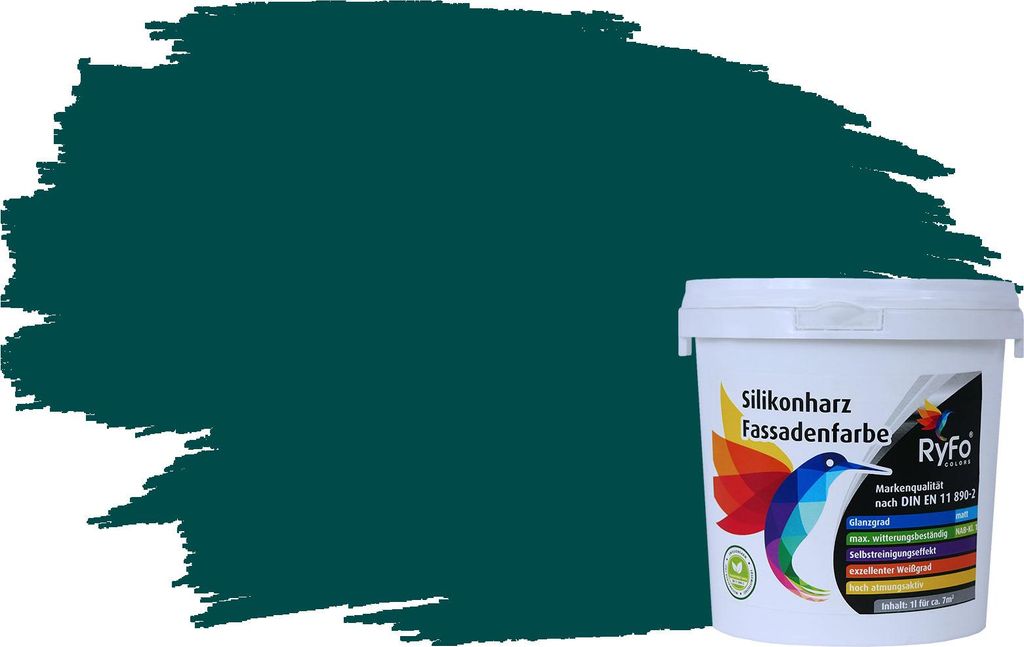 RyFo Colors Silikonharz Fassadenfarbe Lotuseffekt Trend Amazonasgrün 1l - bunte Fassadenfarbe, weitere Grün Farbtöne und Größen erhältlich, D...