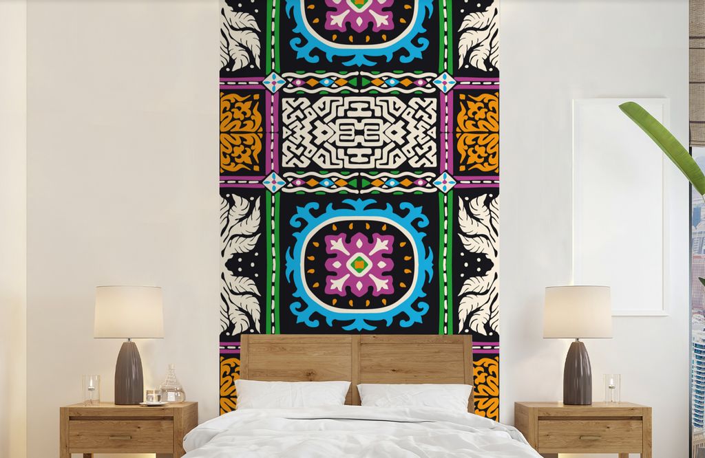 MuchoWow Fototapete für Wohnzimmer oder Schlafzimmer Wandtapete Vinyl Motivtapete Muster - Ornament - Abstrakt - Blau - Rosa - 120x240 cm - Hint...