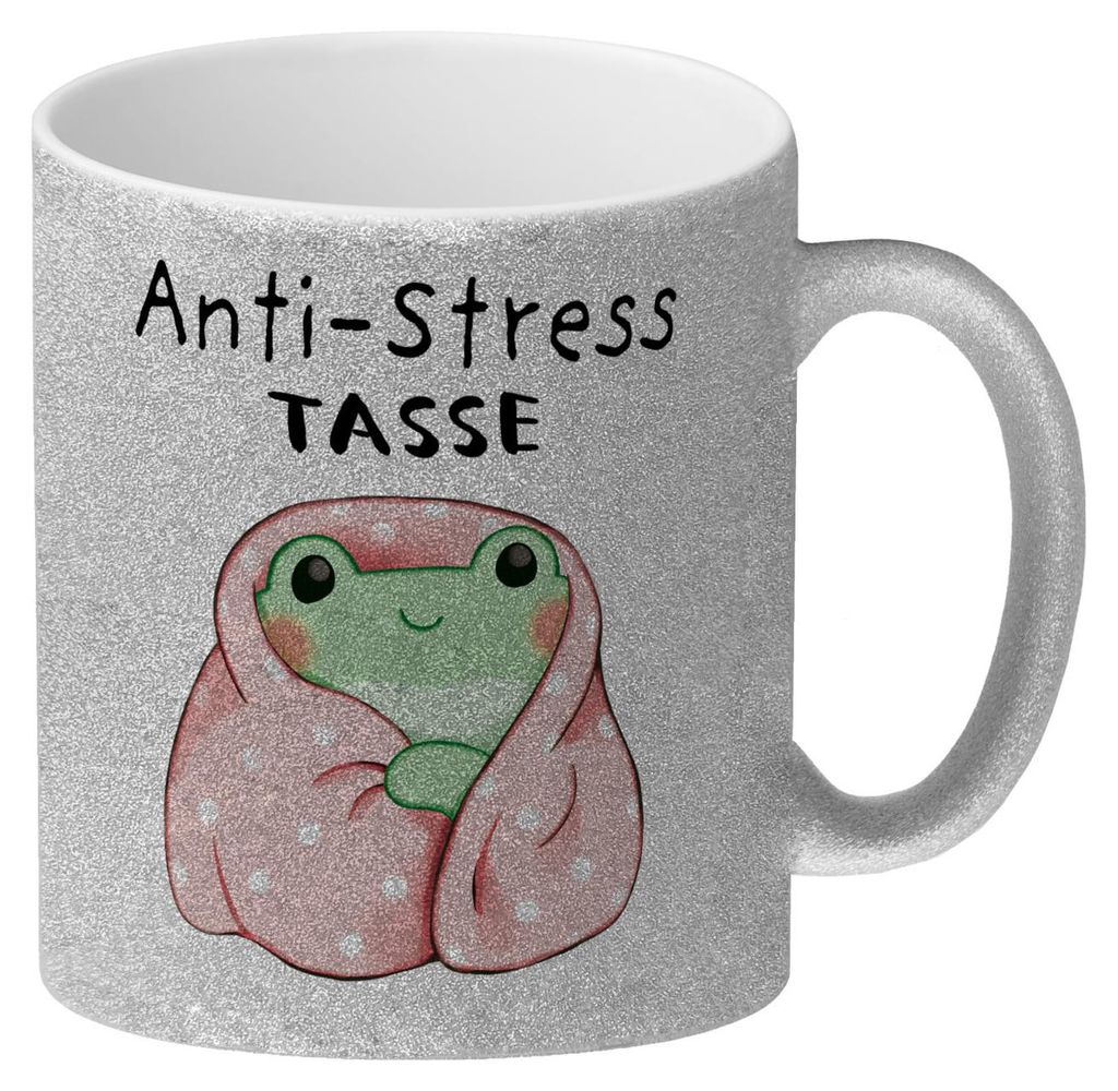 Frosch in rosa Decke mit Spruch Anti-Stress Tasse