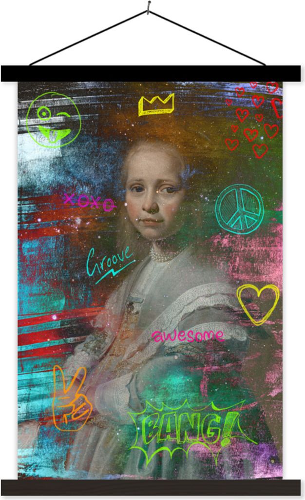 MuchoWow Textilposter Porträt eines Mädchens in Blau - Johannes Cornelisz - Neon 60x90 cm mit schwarzem Rahmen - Poster Wohnzimmer