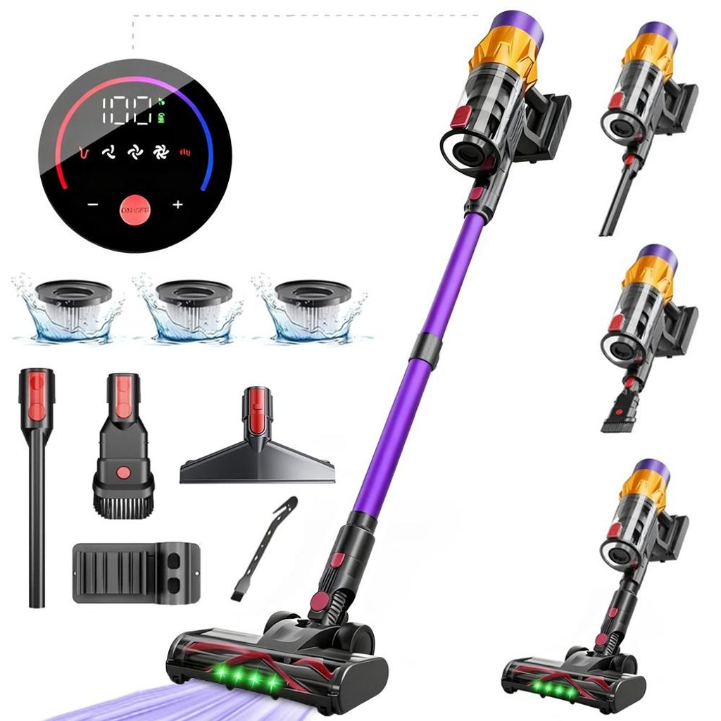 Akku Staubsauger, Staubsauger Kabellos, Handstaubsauger, 35000Pa 550W Starke Saugleistung, 6-in-1 Staubsauger, Smartes Touch Display, 3HEPA