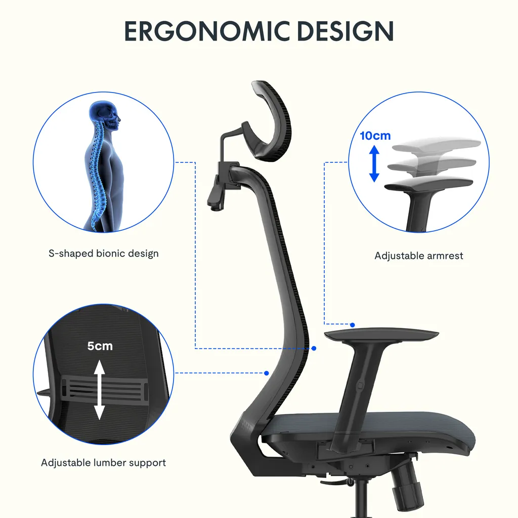 FLEXISPOT Sedia ergonomica da ufficio, sedia da scrivania con appendiabiti, poggiatesta e supporto lombare, bracciolo elevabile, sedile regolabile in altezza per sedia da computer, sedia da lavoro (nero e blu) - 7