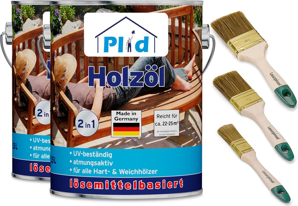 Plid Holzöl 5L Farblos für ca. 50m² + Pinselset 3-tlg– Holzschutz & Pflegeöl, Imprägnierung für Gartenmöbel, Terrassen, Zäune & Außenber...