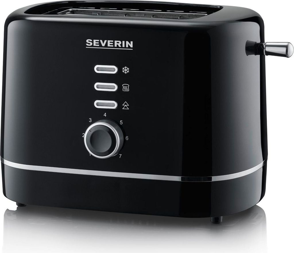A black Severin toaster on a white background.