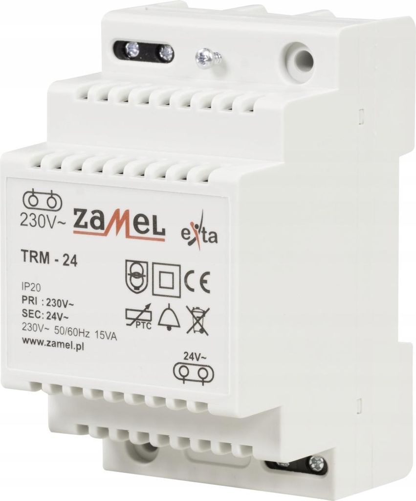 A white electrical transformer device with labels and symbols.