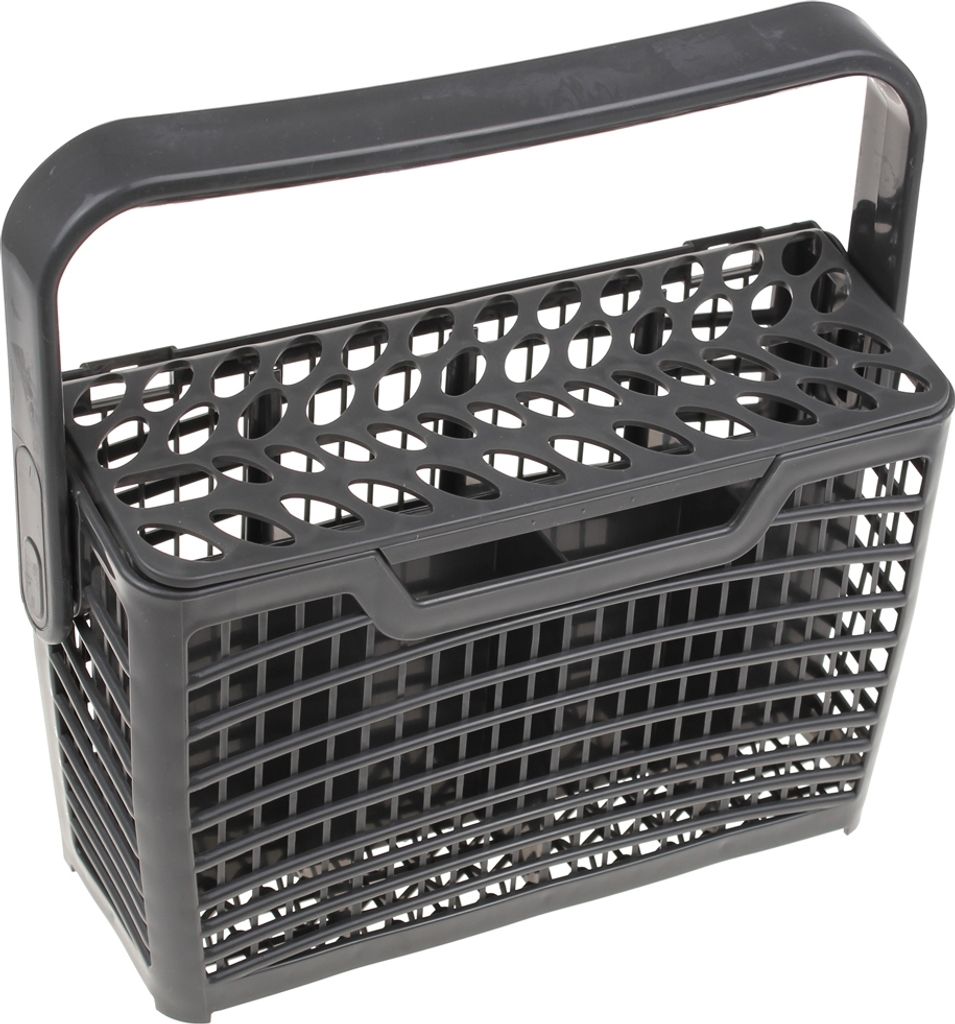 A gray dishwasher cutlery basket with a handle is shown against a white background.