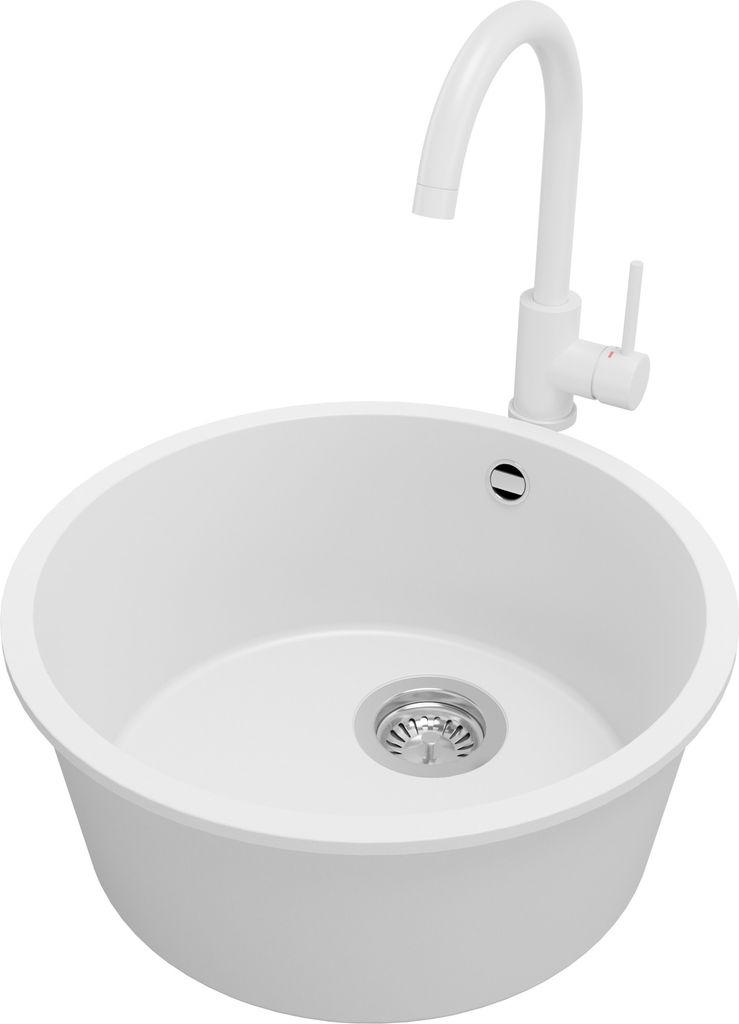 PRIMAGRAN Granitspüle Weiß 46x46cm, Spülbecken Rund 1 Becken + Küchenarmatur 32x20cm + Ablauf-Set, Küchenspüle ab 50er Unterschrank - Vallett...