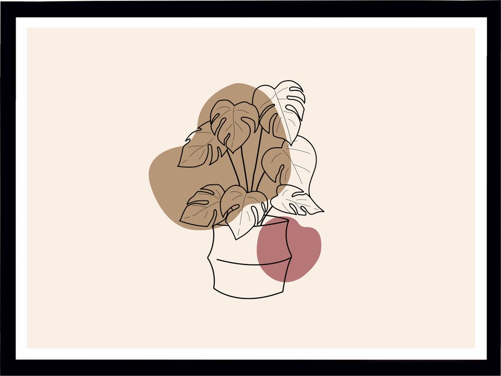 A minimalist line drawing of a potted monstera plant with abstract shapes in brown and pink.