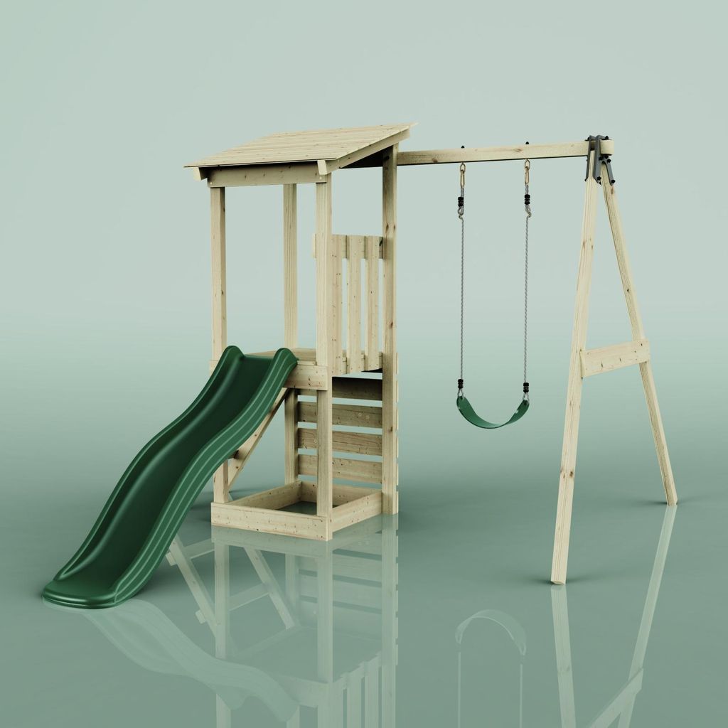 OutdoorToys Spielturm Lyon aus Holz in Dunkelgrün mit Kinderschaukel