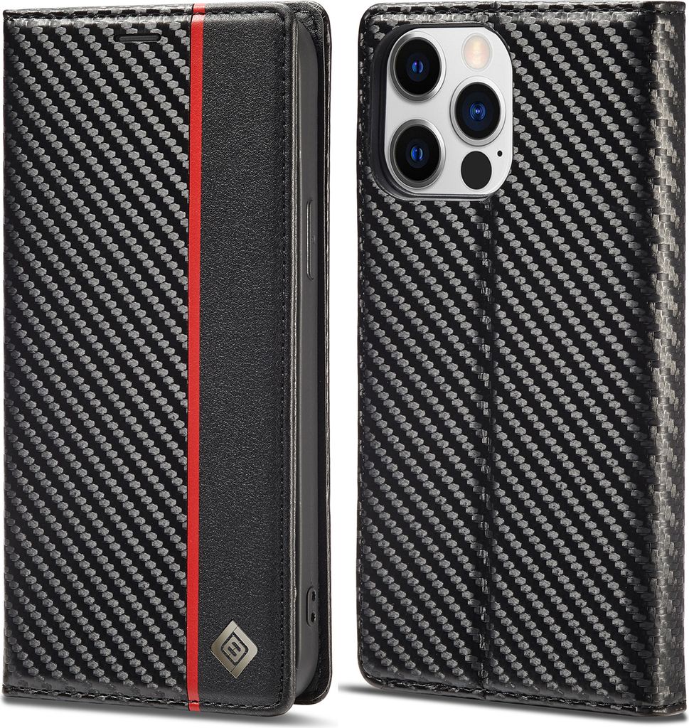 Hülle für iPhone 13 Pro Kohlefaser Leder Brieftasche Schutzhülle mit Standfunktion Schwarz Vertikale Rot