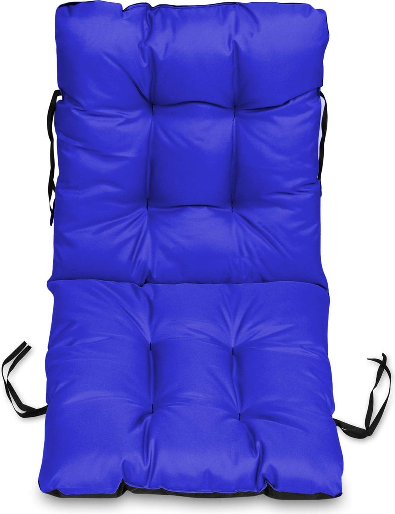 A blue chair cushion is shown against a white background.
