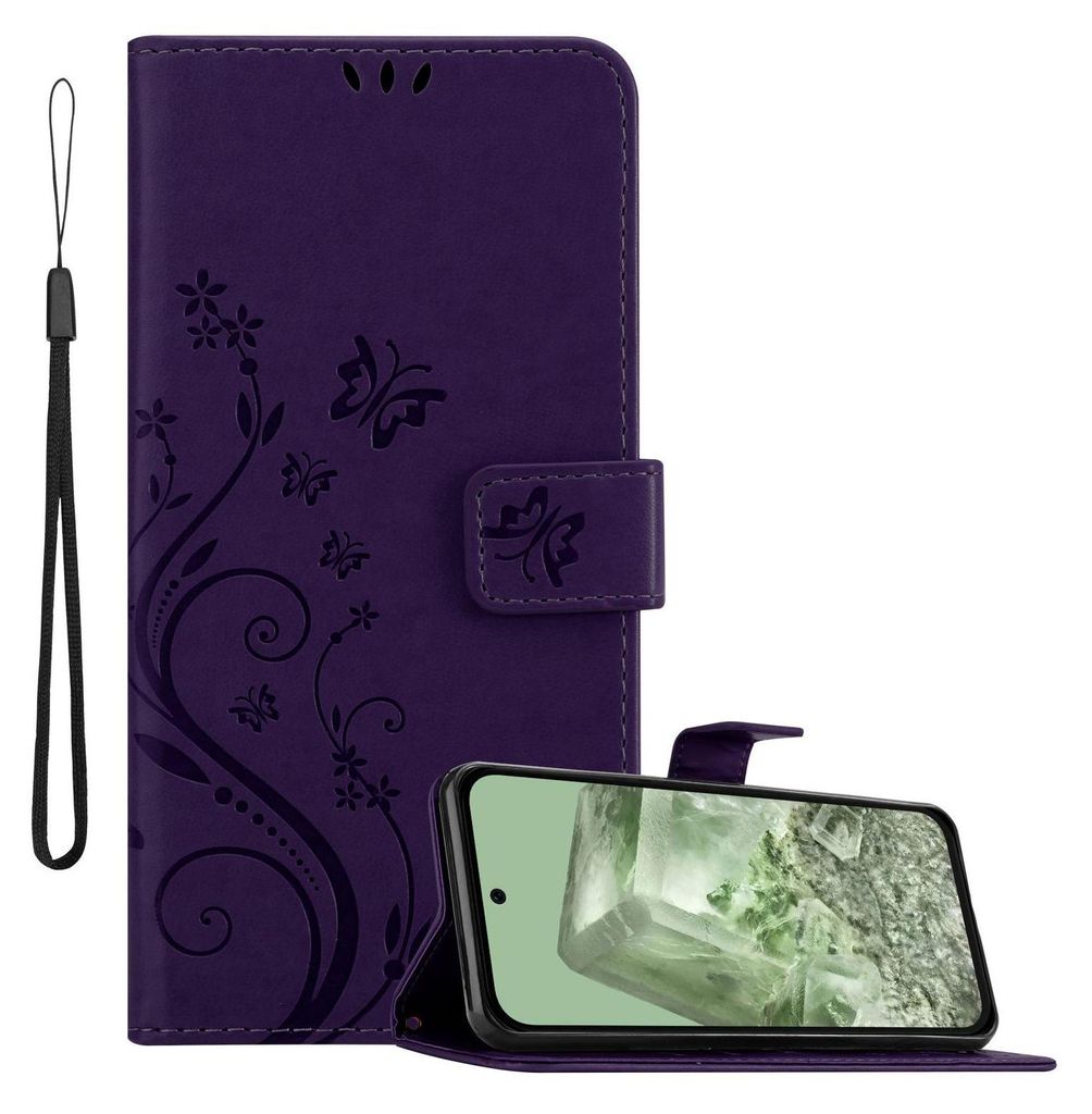 Cadorabo Hülle für Google Pixel 8A Hülle in FLORAL DUNKEL LILA Schutzhülle im Blumen Design mit Magnetverschluss, Standfunktion und Kartenfäch...