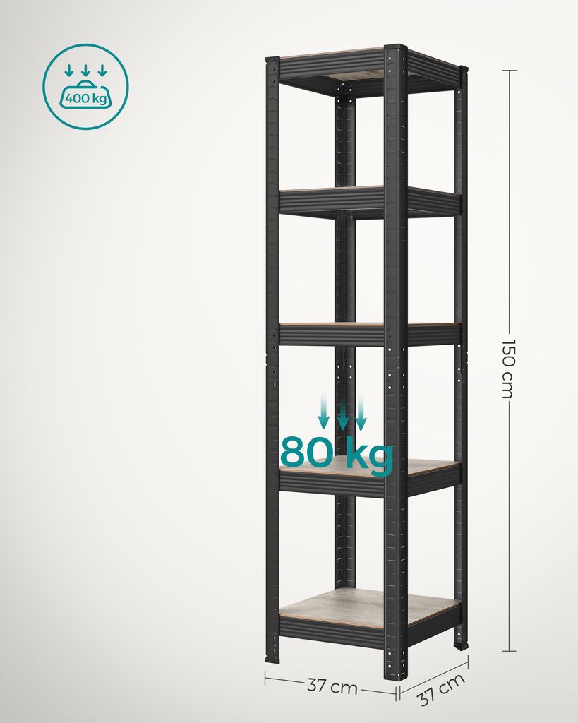 A tall, narrow, five-tier black metal shelving unit with wooden shelves, shown against a plain light grey background. Dimensions and weight capacity information are overlaid on the image.