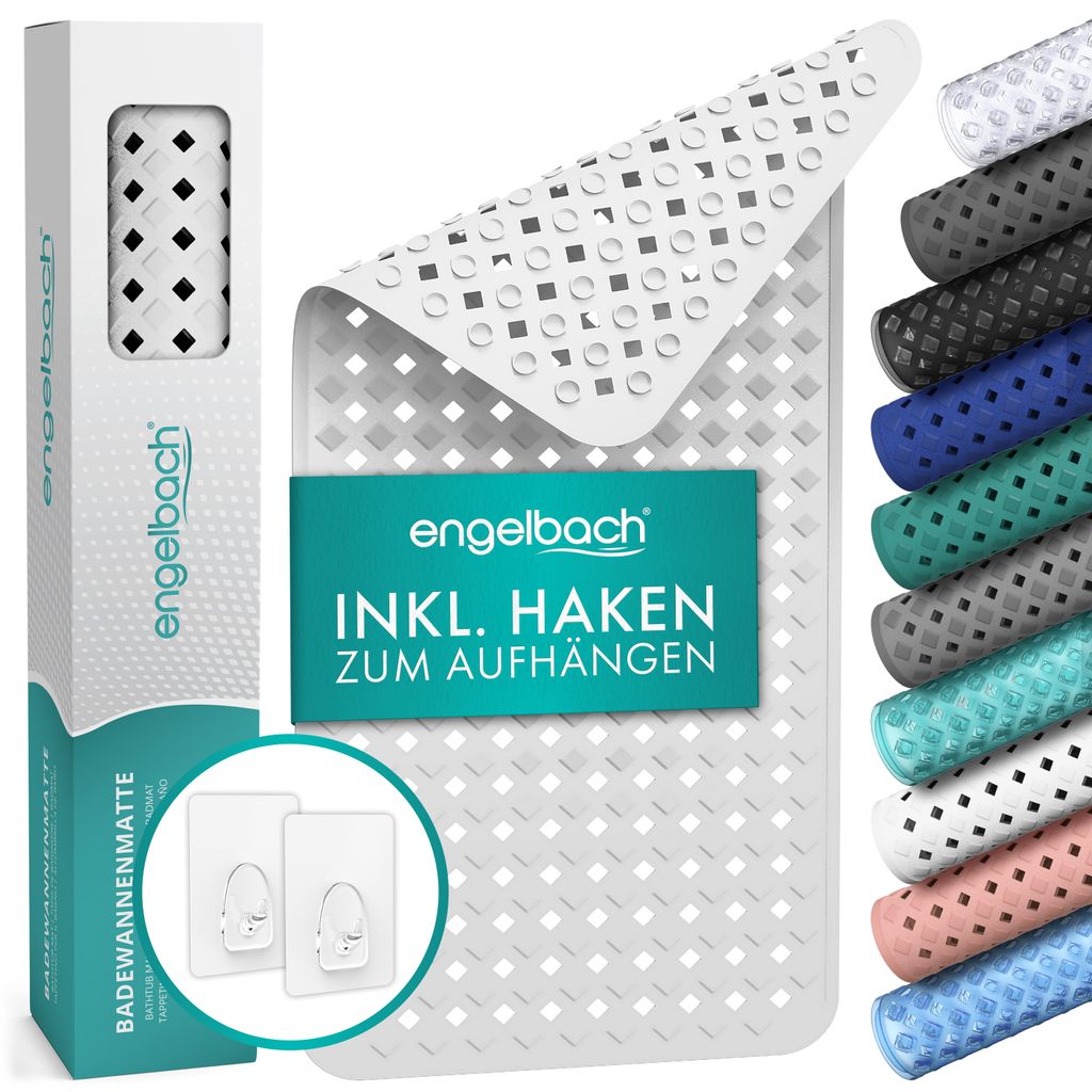 A product image showcasing a white bath mat and its packaging, along with a display of various color options for the bath mat.