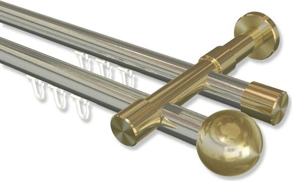 Interdeco Innenlaufstange, Gardinenstange mit Innenlauf Edelstahl-Optik / Messing-Optik Modell Prestige Luino, 20 mm Ø 2-läufig, 140 cm
