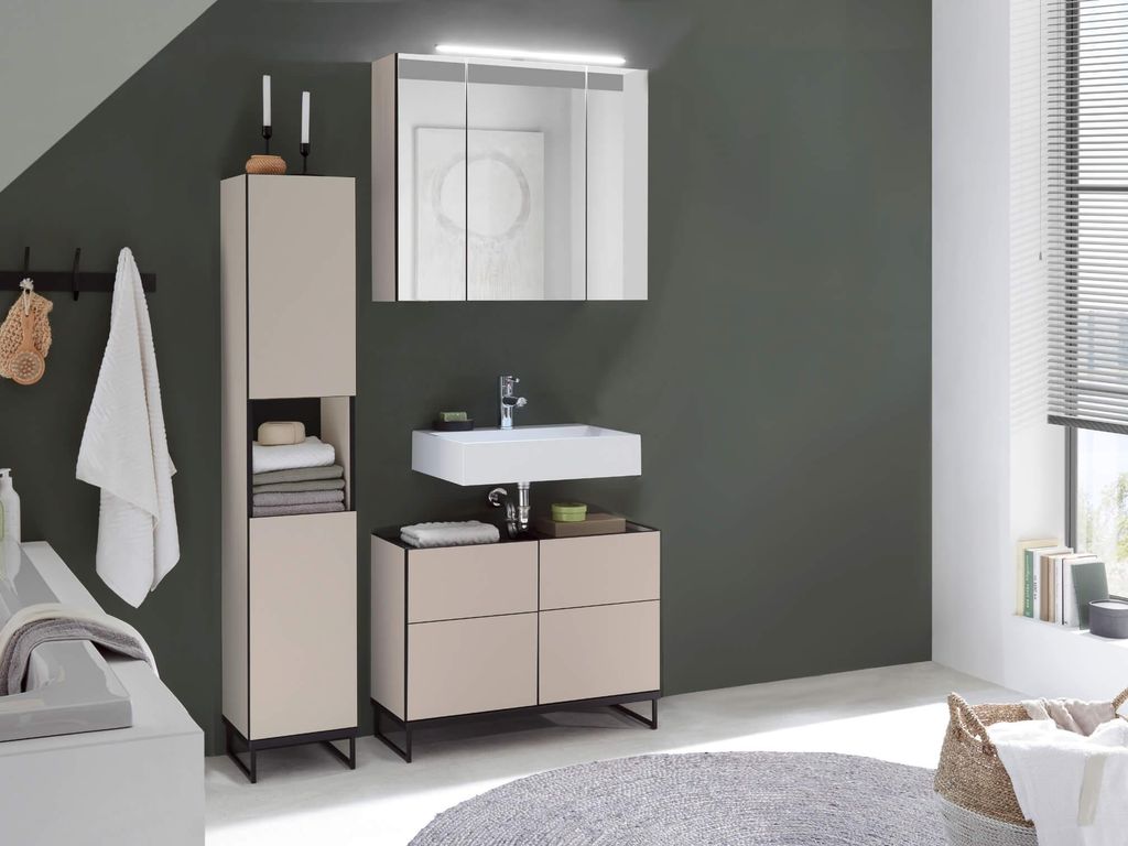 Badezimmer Badmöbel Set 2 VENEZIA kaschmir Hochschrank Spiegelschrank Wbu 80 cm