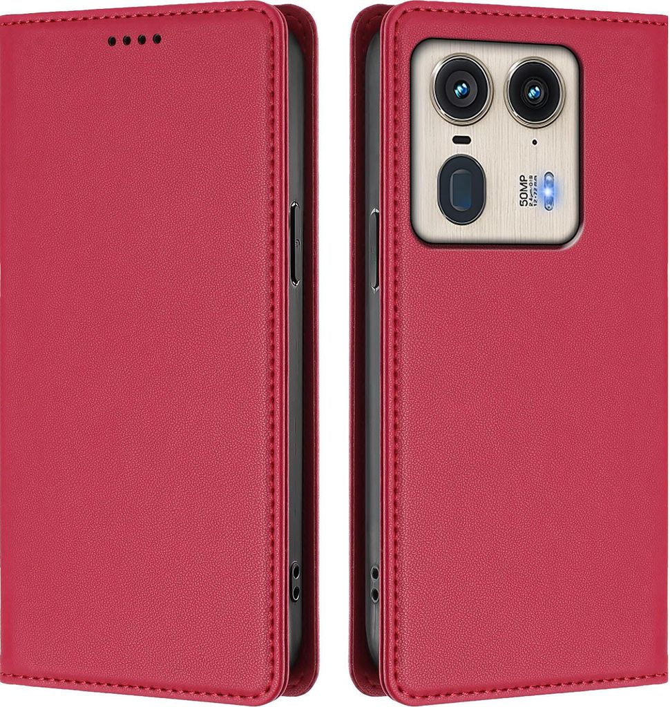 Handyhülle für Motorola Edge 50 Ultra, Kunstleder Klapphülle Stoßfeste Magnetische Hülle mit Ständer Rot