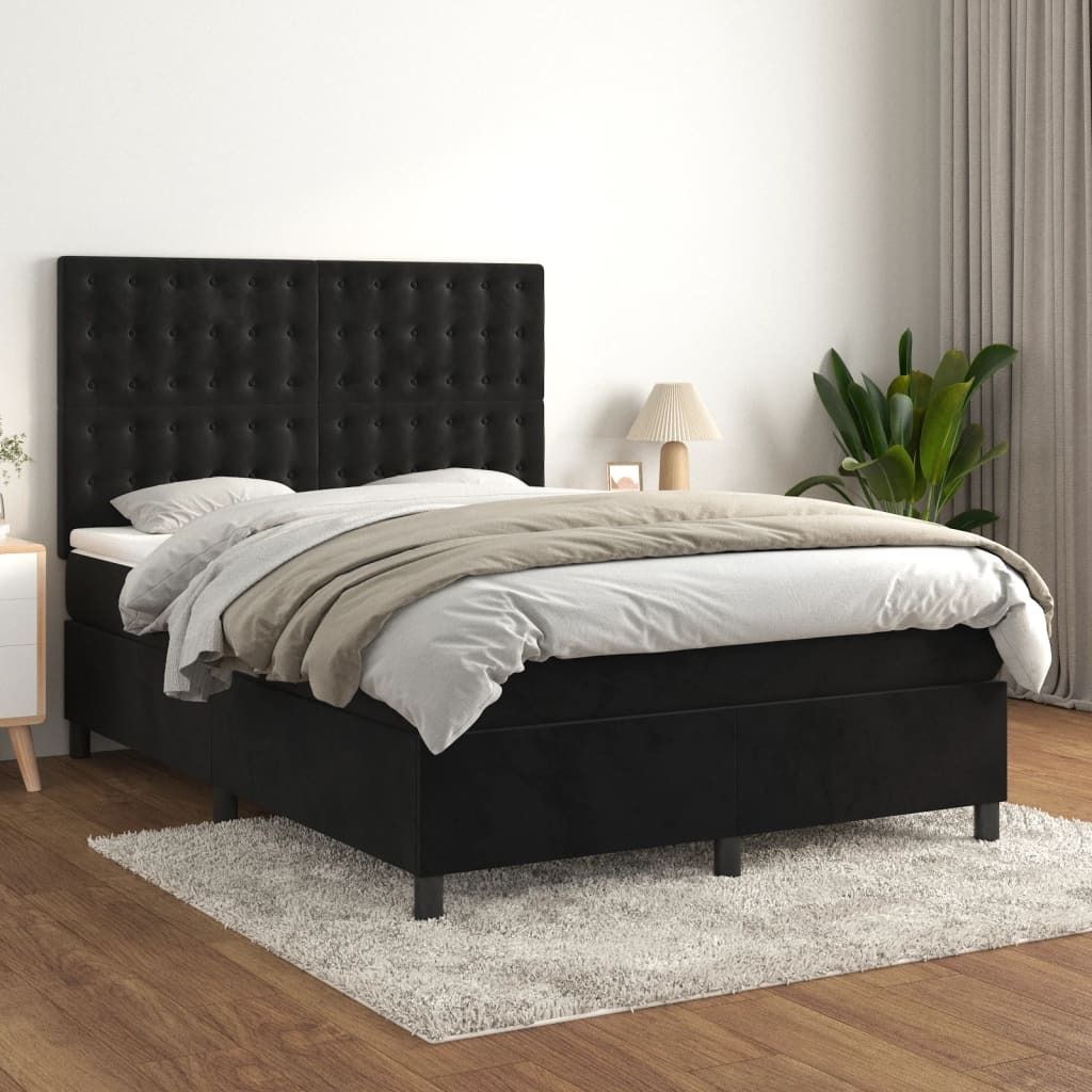 vidaXL Boxspringbett mit Matratze Schwarz 140x200 cm Samt - Boxspringbett - Boxspringbetten - Bett - Schlafzimmermöbel